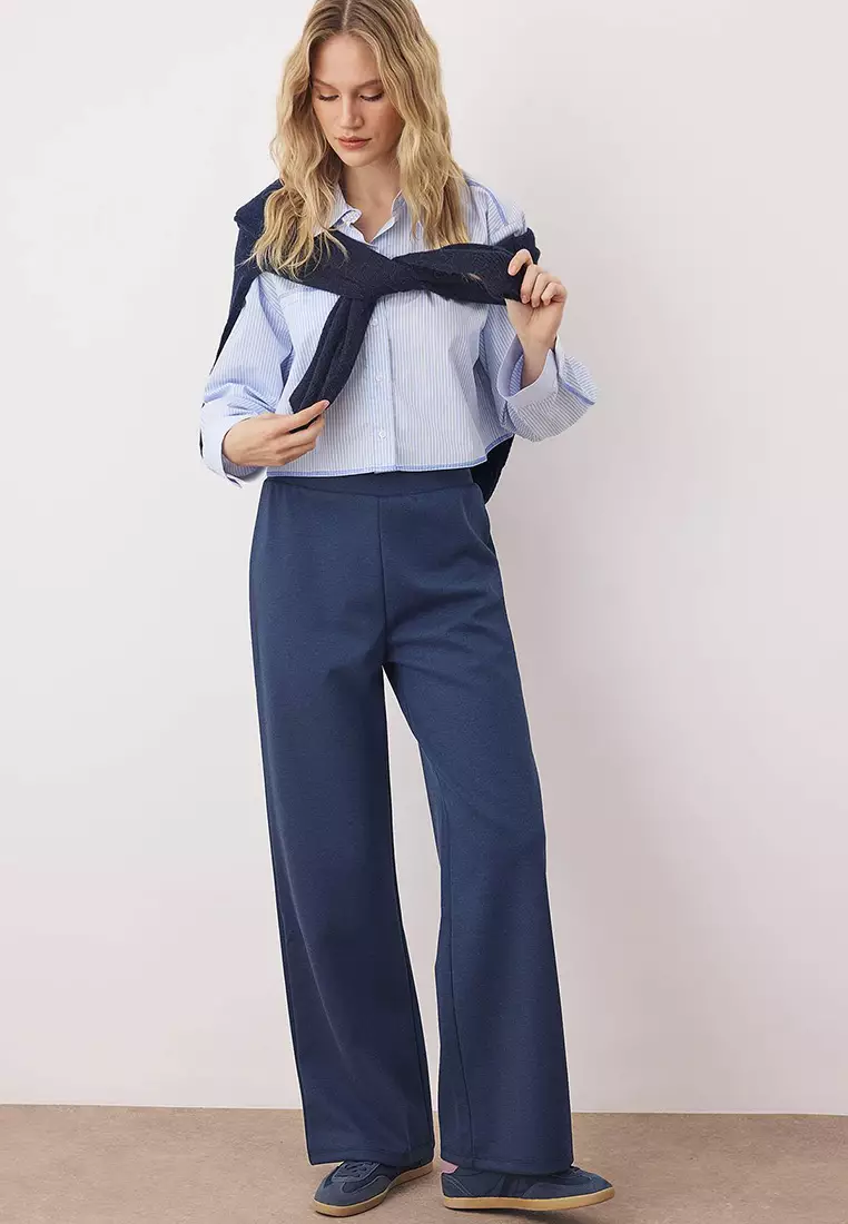 Navy Blue More Sustainable Normal Waist Wide Leg Flexible Knitted Trousers