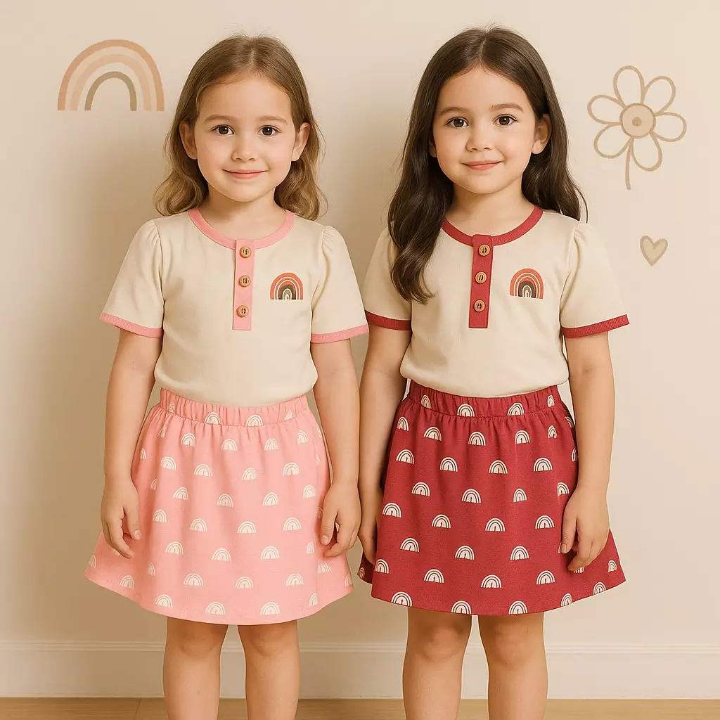 Two Mix - Setelan Rok Anak Perempuan - One Set Anak Perempuan Rainbow 1-6 Tahun 4362C Blush Red
