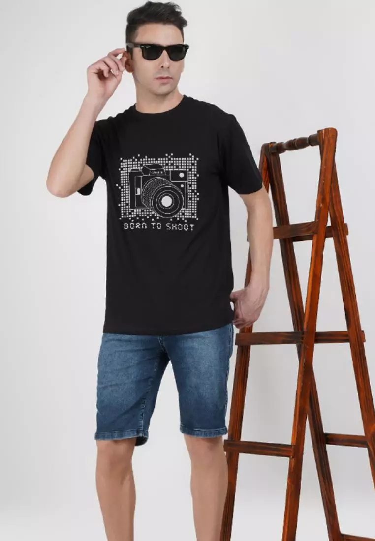 Camera Print Graphic Black Cotton Short Sleeve Crew Neck Relaxed Tee