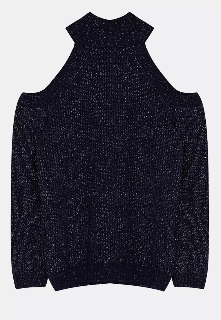 Navy Blue Glitter Cut Out Detailed Knitwear Sweater