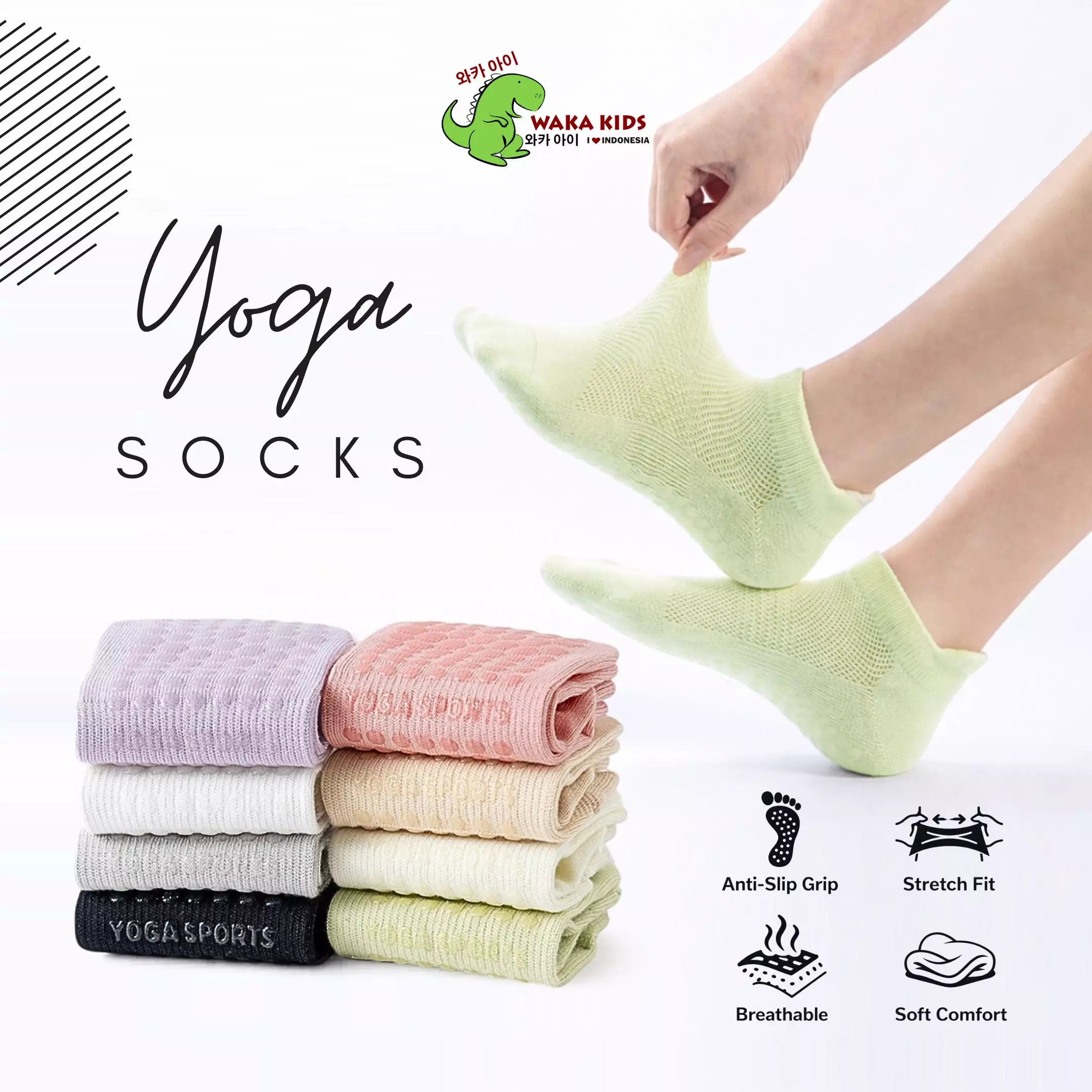 Wakakids Kaos Kaki Pendek Olahraga Wanita Anti Slip Sport Socks Yoga Pilates Senam Gym Venrz Hijau