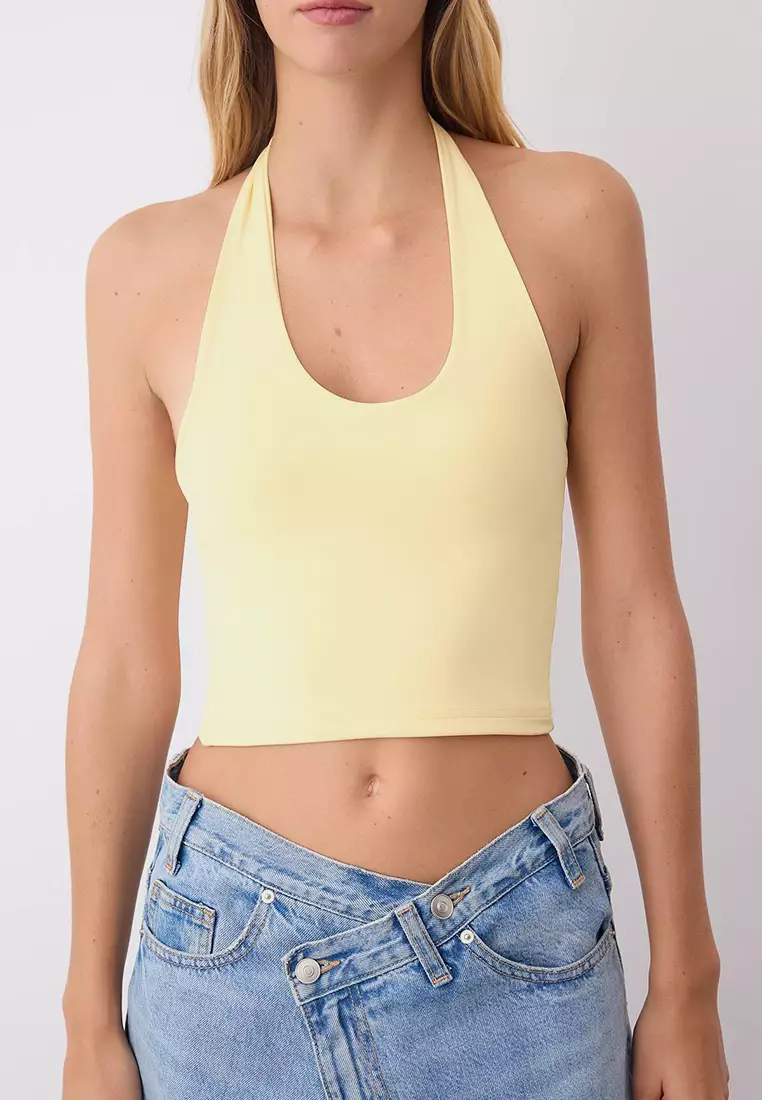 Yellow-Brown Neckline Crop Stretchy Knit Blouse Twoaw26Bz00251