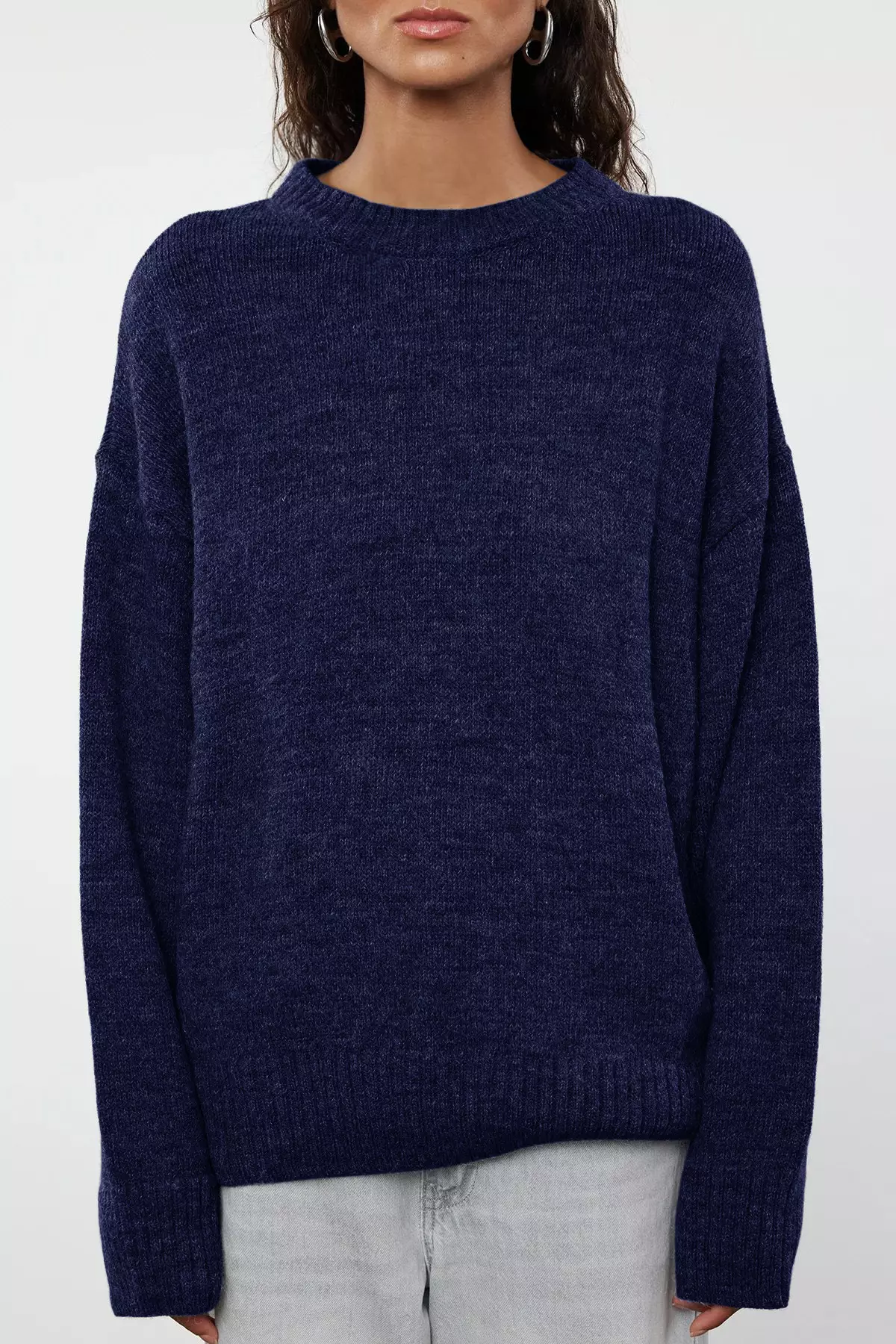 Navy Blue Wide Fit Soft Textured Knitwear Sweater