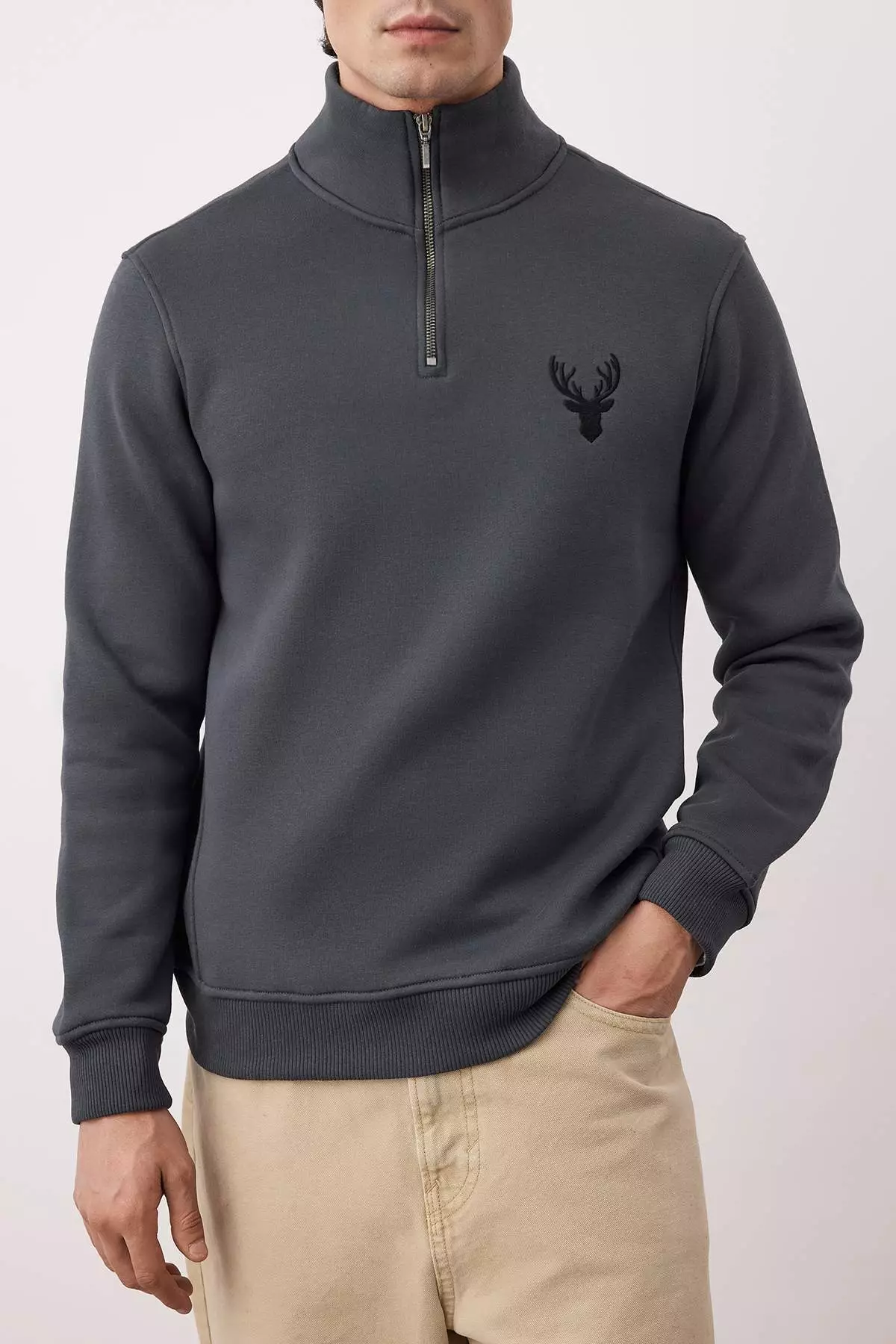 Anthracite Regular Cut Stand Collar Zippered Cotton Deer Embroidery Sweatshirt