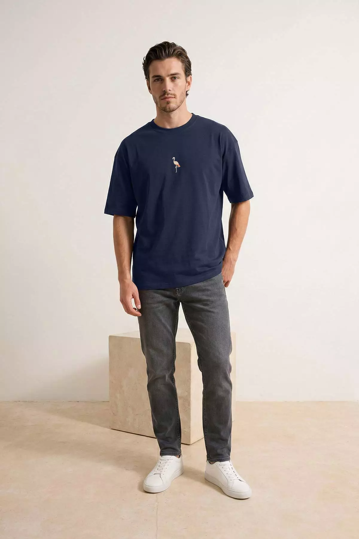 Navy Blue Oversize/Wide Cut Penguin Embroidered 100% Cotton T-Shirt