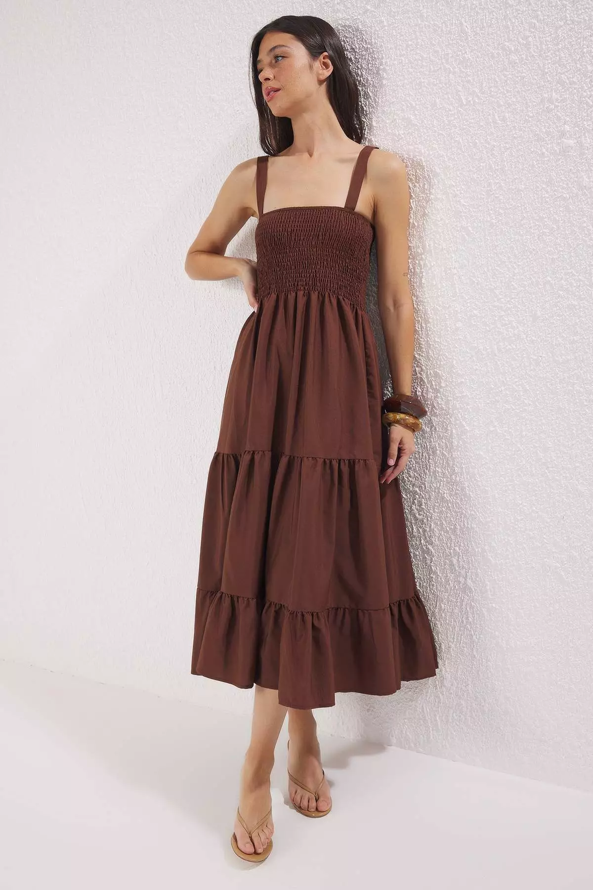 Brown Plain A-Line Square Neck Lined Maxi Woven Dress TWOSS24EL01052