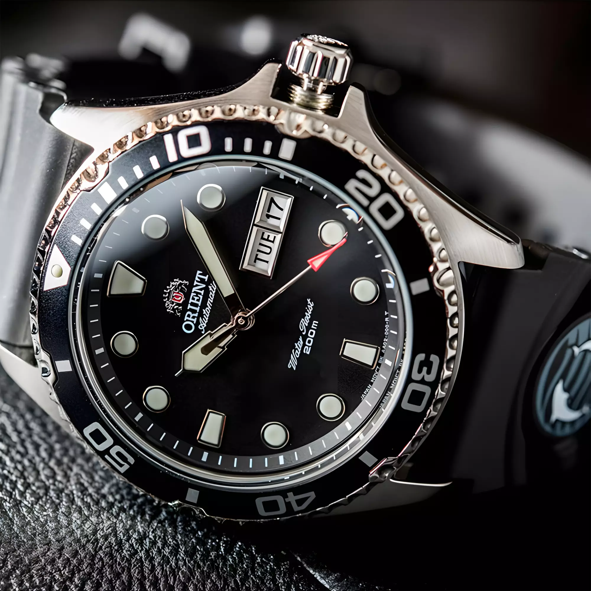 ORIENT Ray II Mechanical Sports Black Dial Black Rubber Strap Automatic Diver 200M Day Date Display Men’s Watch - FAA02007B