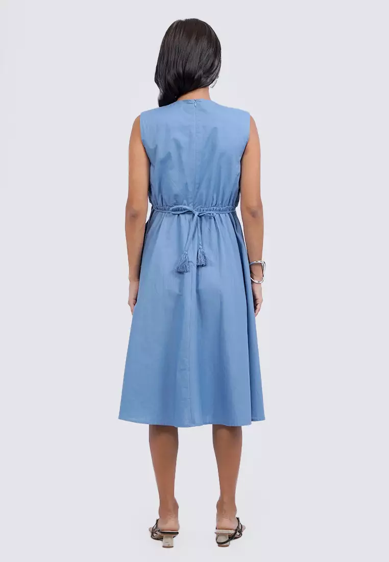 Embroidered Sleeveless Midi Dress BLUE