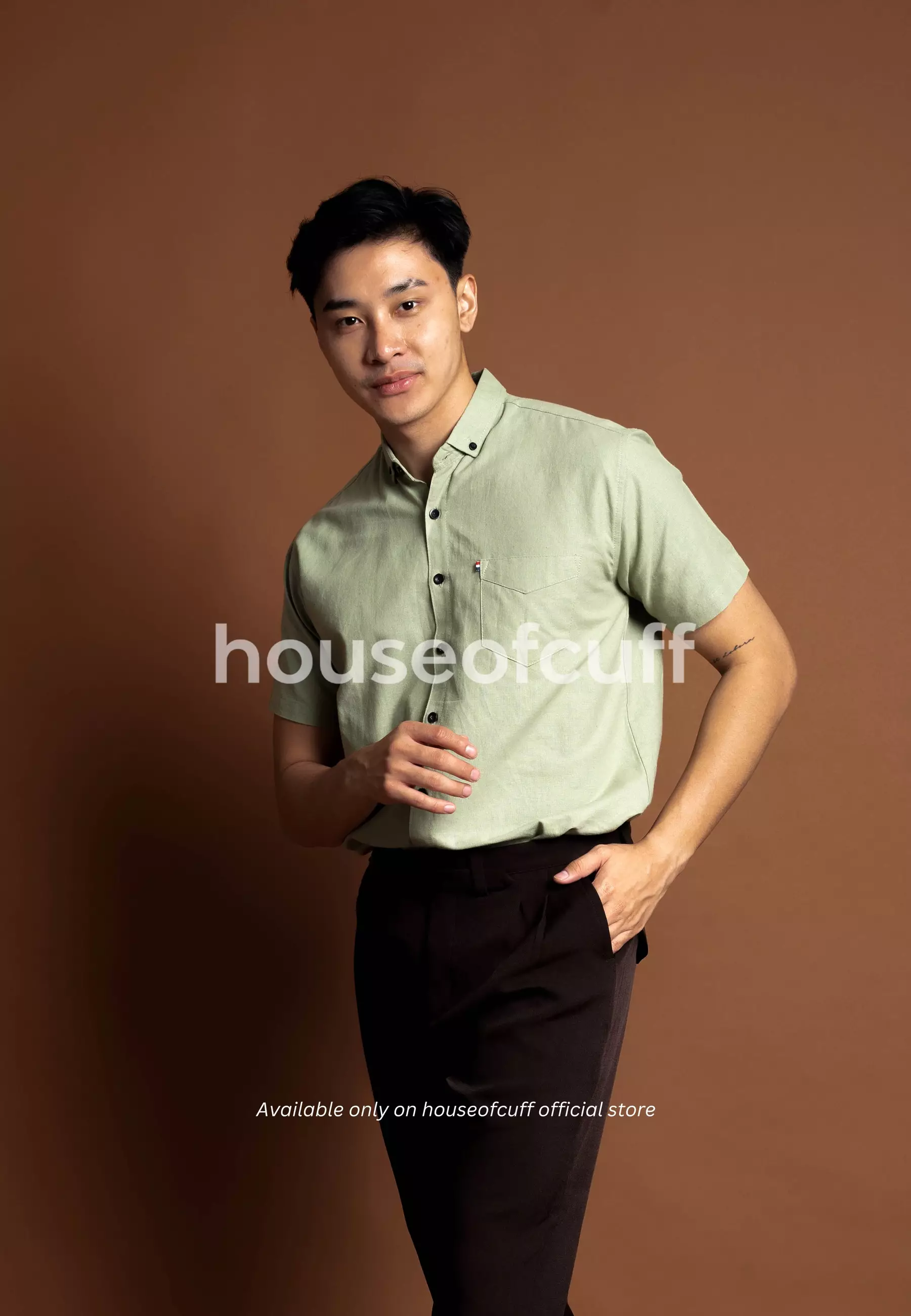 Kemeja lengan pendek pria formal slim fit hijau mint houseofcuff