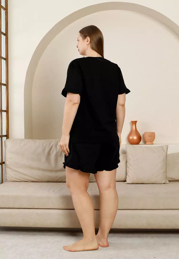 Black Crew Neck Ruffle Detailed 3 Piece Pajama Set Tbbss25Ai00093