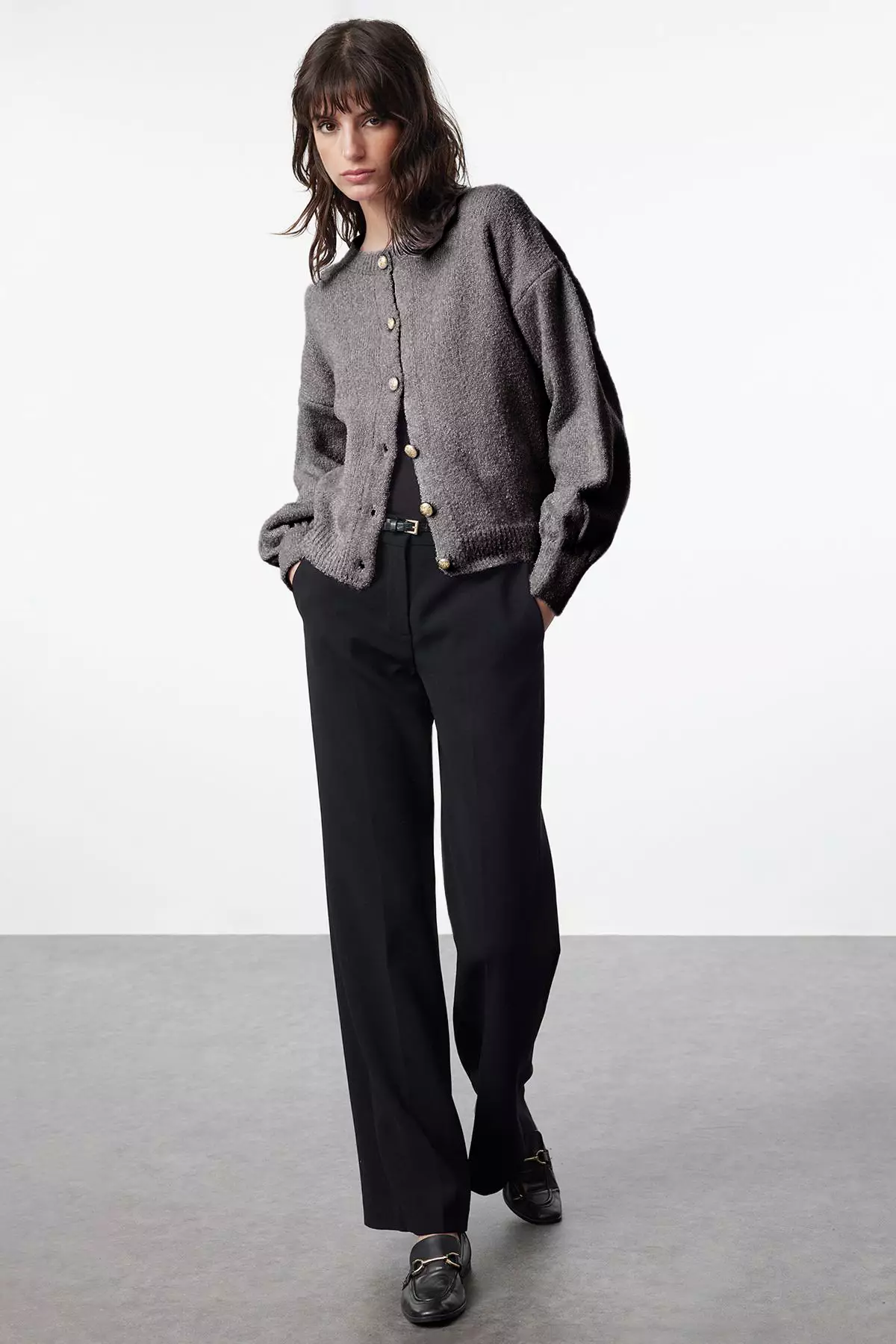 Anthracite Button Detailed Soft Texture Knitted Cardigan