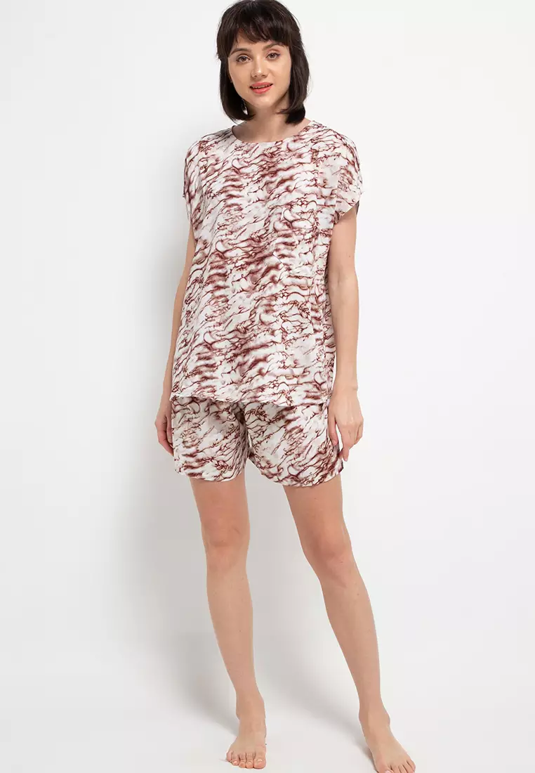 Nade Japan FT061 AMS Baju Tidur Tie Dye Marmer Wanita Set Baju Celana Tidur Coklat