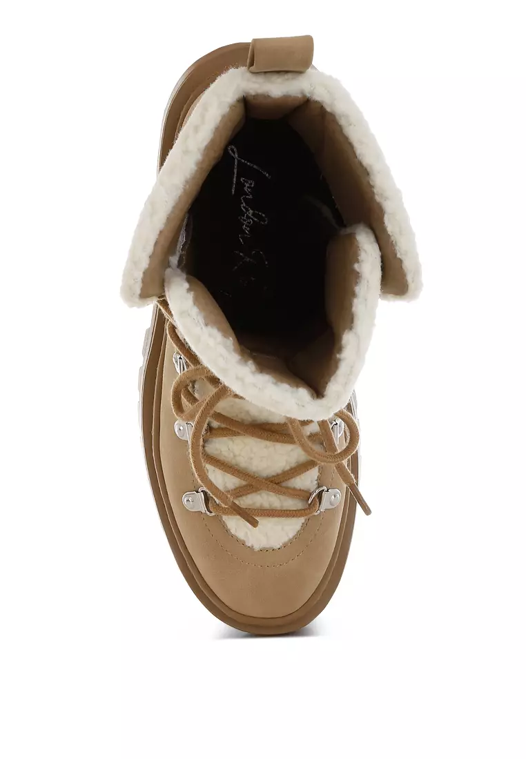 Fleece & Faux Leather Boots in Tan