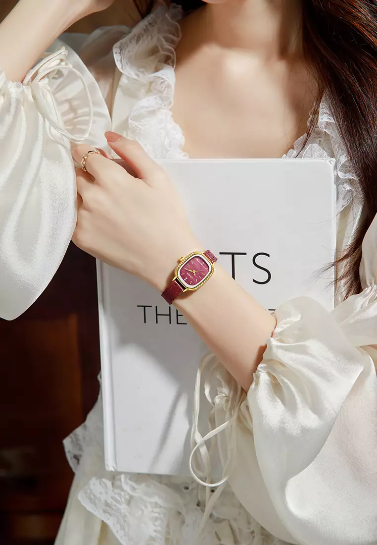Jam Tangan Wanita Korea Elegan Berlian Vintage Dial Tali Kulit Anti Air Jam Tangan Cewek A002 red