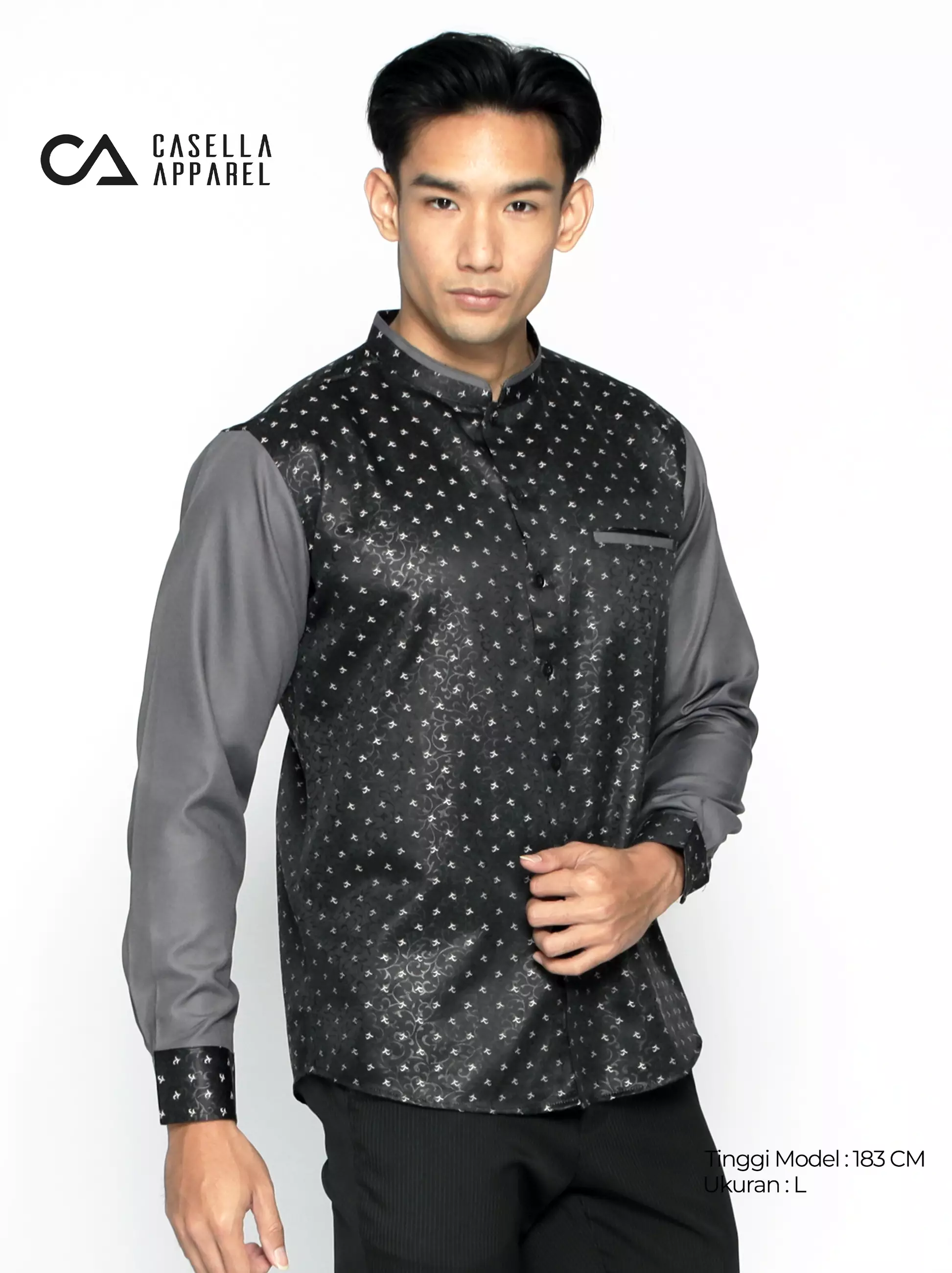 Casella Baju Koko Pria Lengan Panjang Kombinasi Batik Jeddah Design 9925 Black