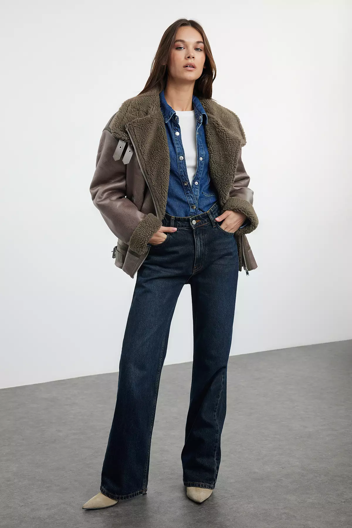 Mink Coat Collar with Belt Detail Plush Suede Biker Jacket Coat TWOAW25MO00011