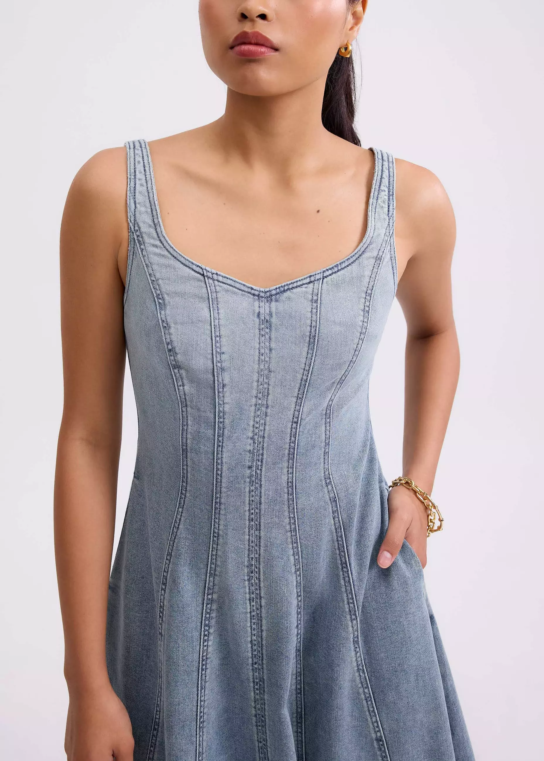 Dress Wanita - Denim Panelled Sweetheart Midi Dress