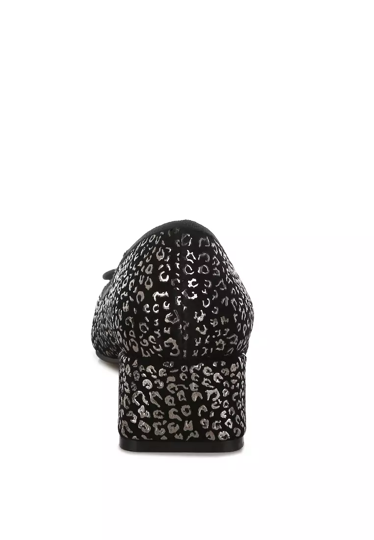 Leopard Print Block Heel Ballerinas in Black