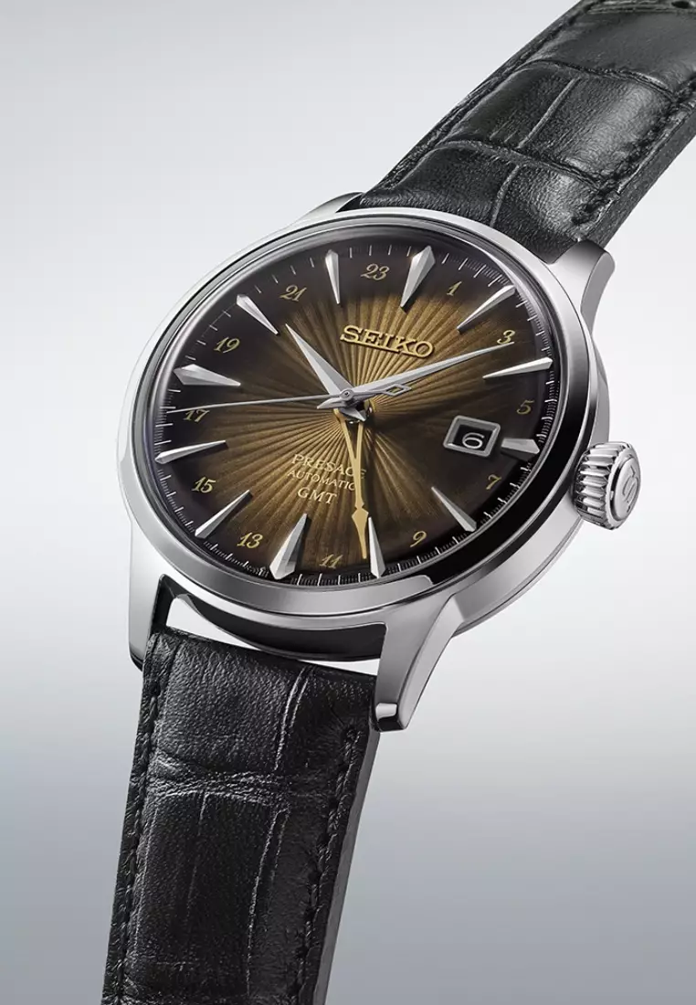 Seiko Presage ‘Rusty Nail’ Cocktail Time GMT Graduated Brown Dial Black Leather Band Automatic Watch SSK039J1