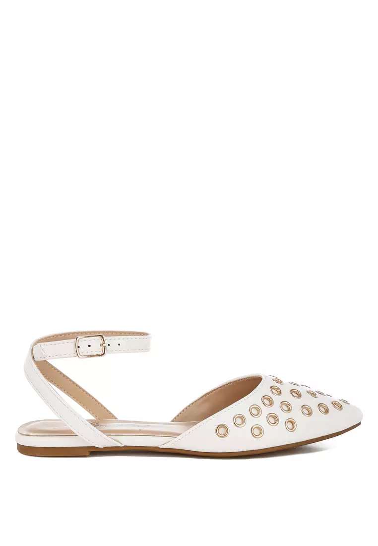 Metallic Eyelet Detail Flat Sandals In White