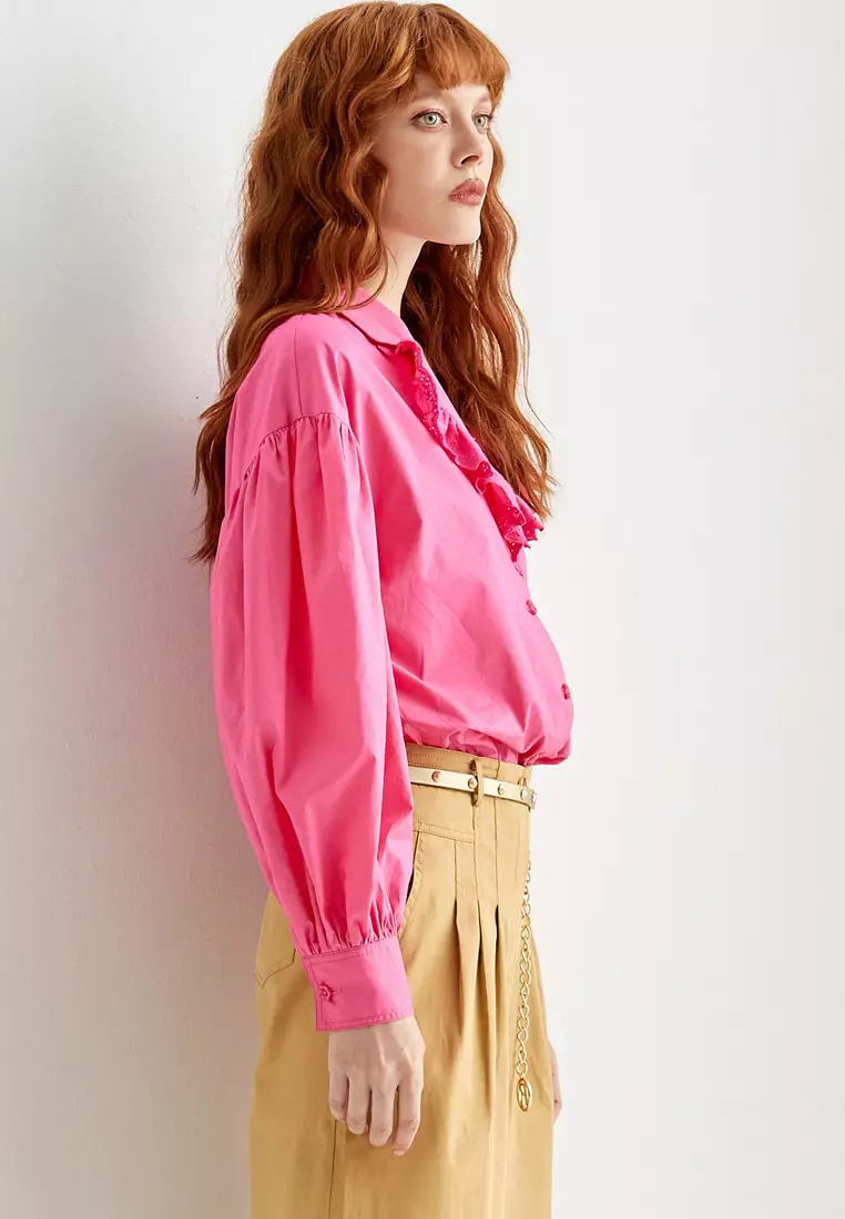 Drop Shoulder Seam Oversize Pink Top With Lace Collar