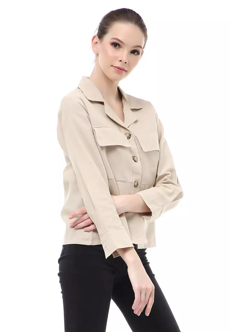 Brielle Atasan Wanita Kemeja Pocket Plain Motive Lengan Panjang Material Linen ORIGINAL - Cream