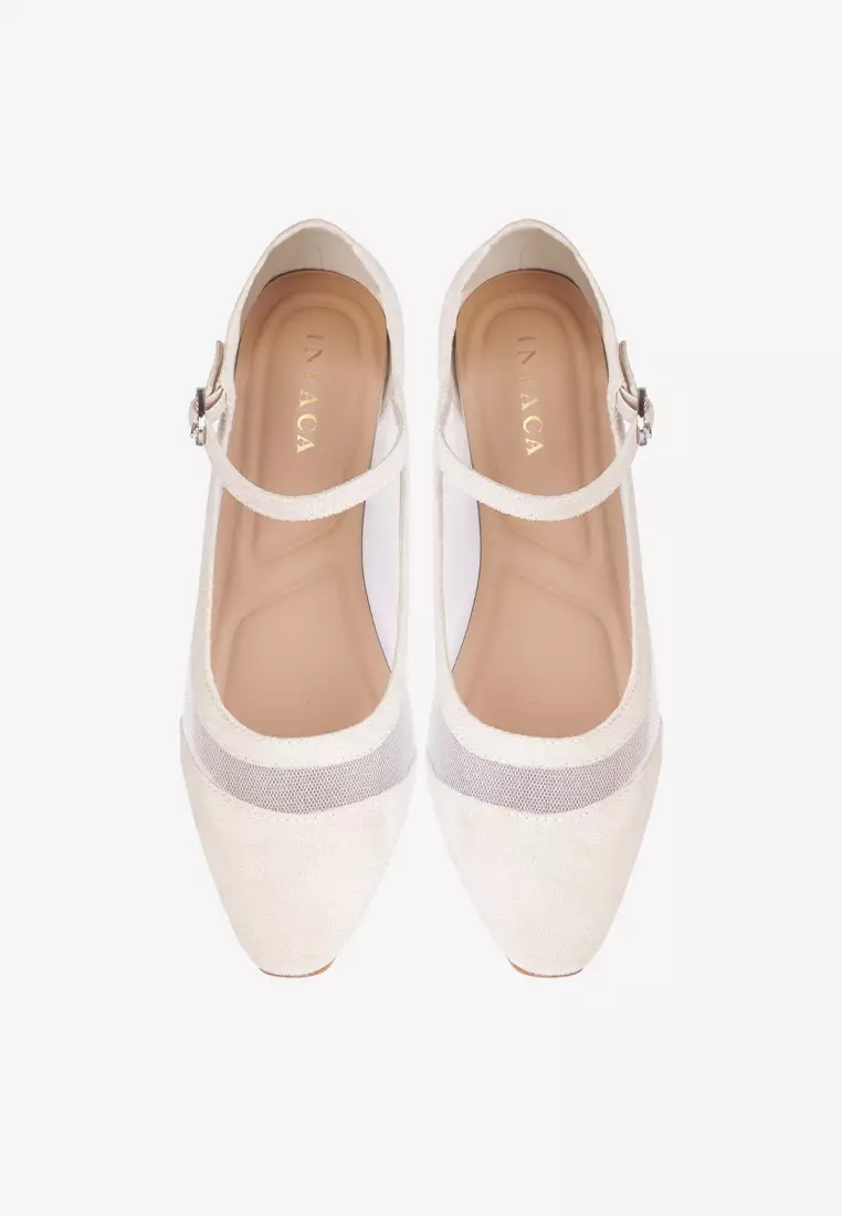 Elora Transparent Mesh Suede Block Heels Mary Jane in Beige