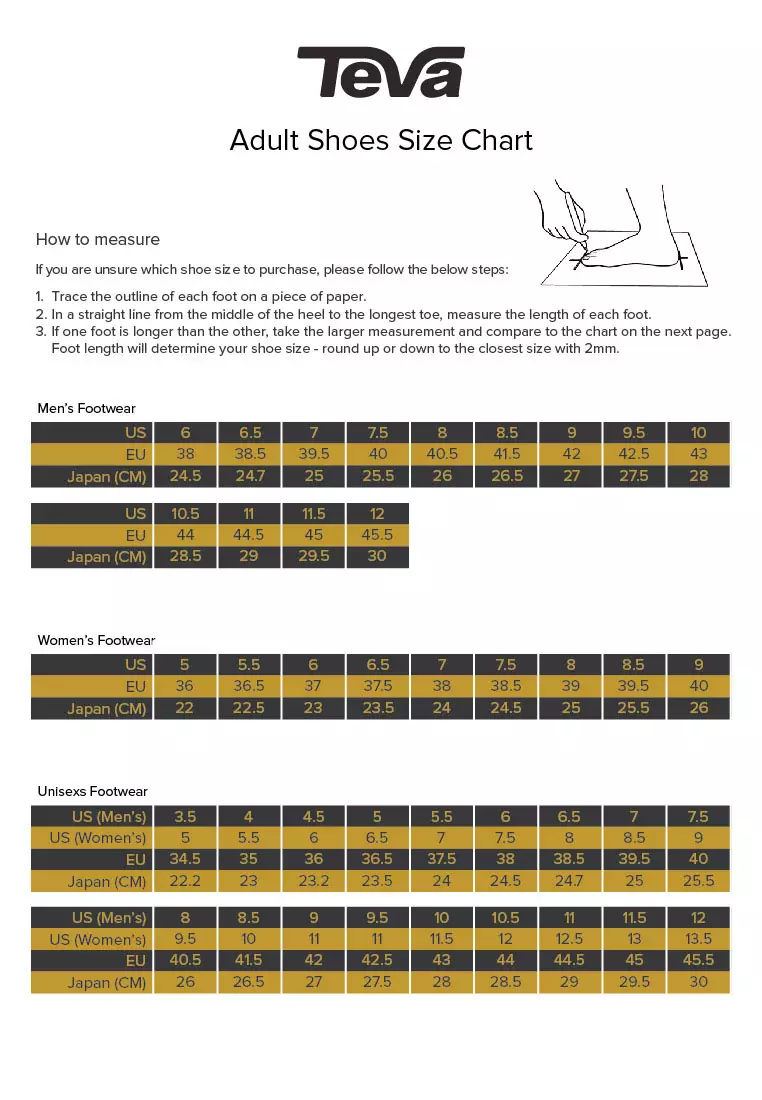 Teva shoe cheap size chart