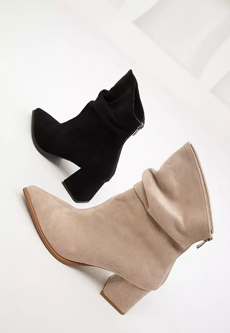Ruched Pointed Toe Heeled Ankle Boots