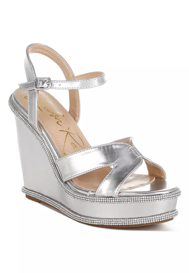 Rhinestones Embellished Wedge Sandals In Silver