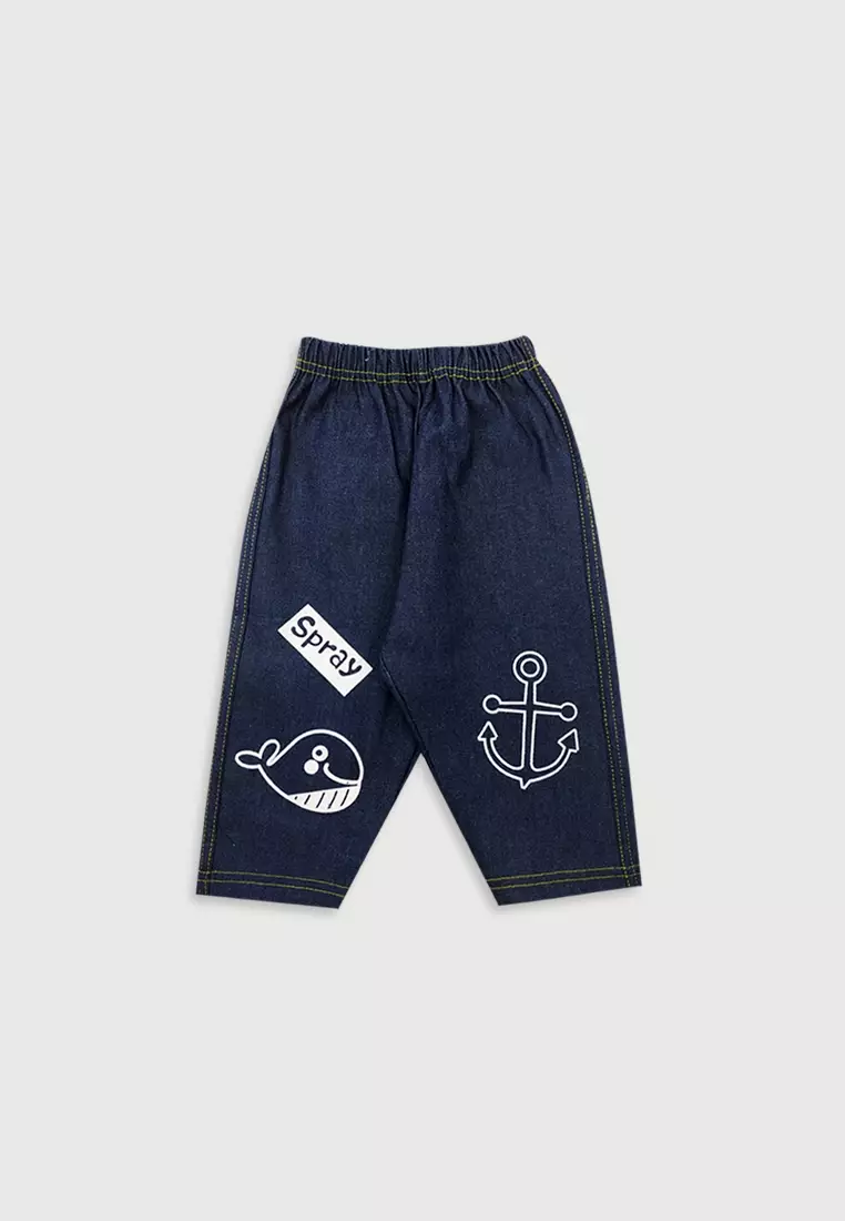 Wakakids Setelan Anak Laki Laki Celana Jeans Spray Whale Stripe 3498 Merah