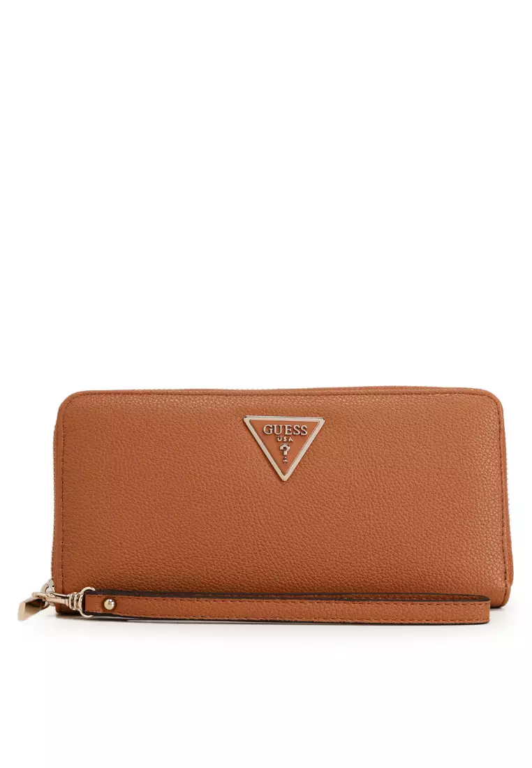 Portefeuille GUESS Calebra Grand Zip Around - Cognac, Polyuréthane, Nombreuses Poches