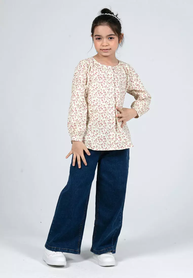 Forest Kids Girls Floral Pattern Cotton Button Blouse Woven Long Sleeve Top - FK820084-66LtYellow