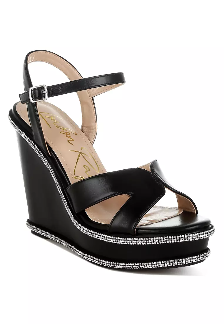 Sandal wedges berhiaskan berlian imitasi warna hitam