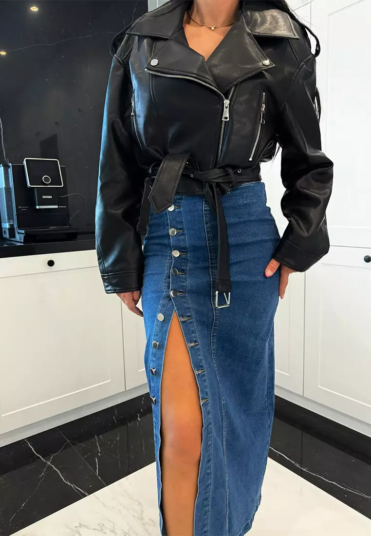 New button slim fit split half body denim skirt CA25042275DGBL
