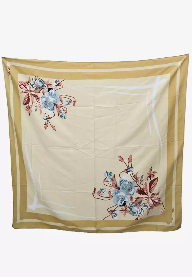 Fiona Flora Print Square Voile Scarf Hijab Wanita Segi Empat Butter Yellow