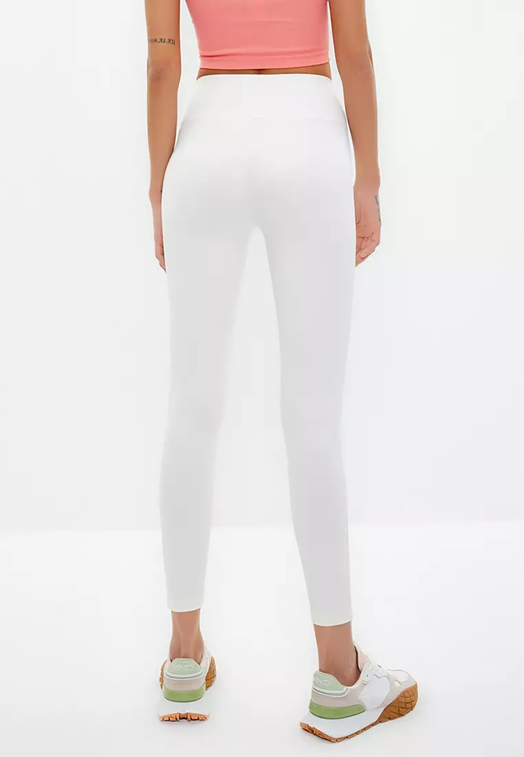 Creamy White Wide Waist Elastic Extra Compression Full Length Knitted Sports Leggings