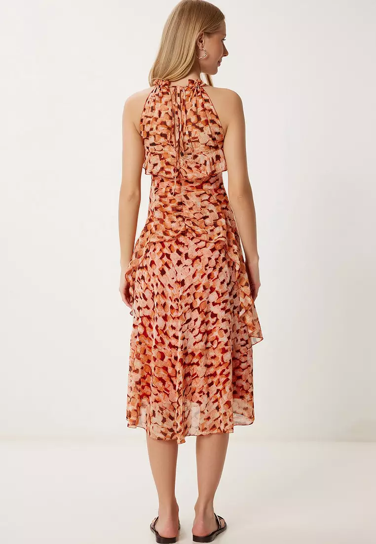 Women's Tile Bone Pattern Flounced Summer Chiffon Dress Fg00025