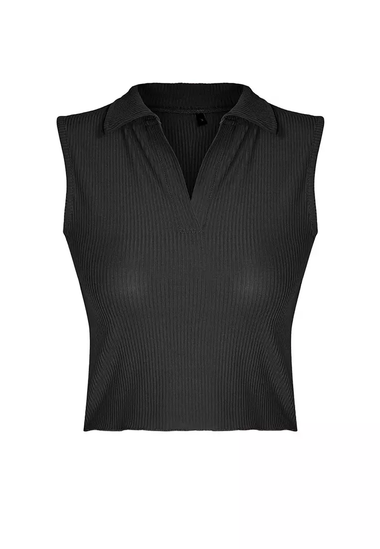 Anthracite Fitted Polo Collar Crop Flexible Knitted Blouse