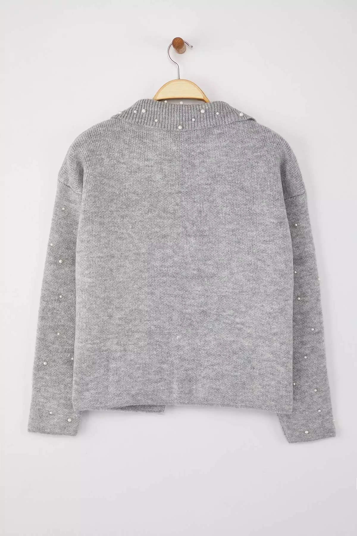 Gray Polo Collar Pearl Detail Wide Fit Knitwear Cardigan