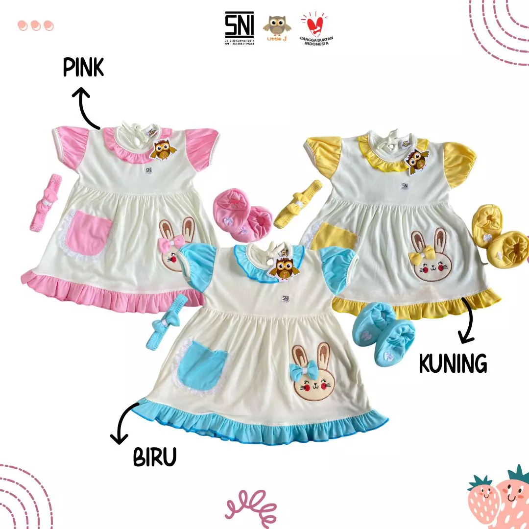 Little J - (837B) Dress Bayi Perempuan Lucu Motif Kelinci + Headband & Sepatu | Dress Anak Cewek 1–2 Tahun (12–24M)