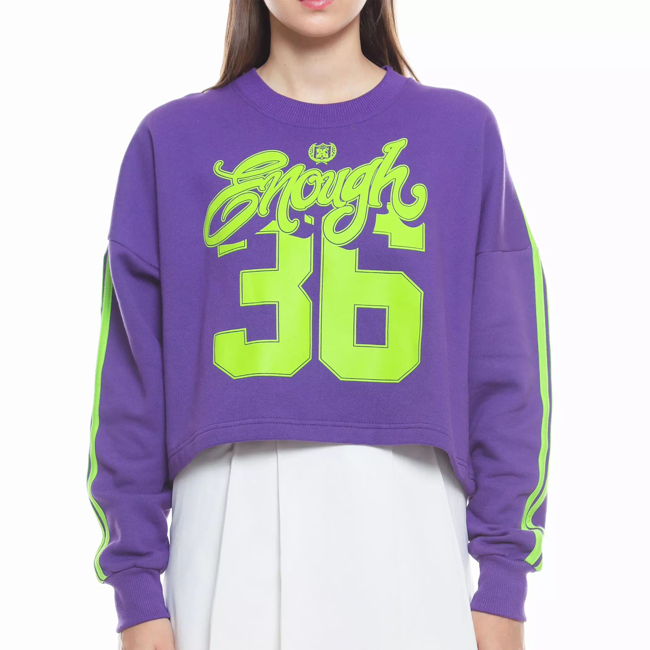 Enough For Today - Sweater Crewneck Crop Oversize Wanita Jersey Nomer Variasi Garis Tangan Purple 36  Ungu
