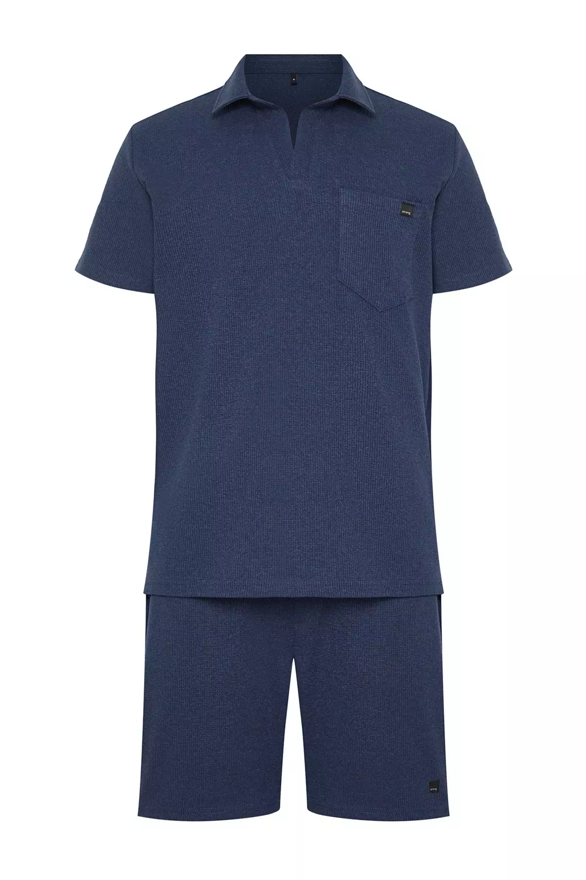Indigo Regular Cut Textured Fabric Labeled Polo Collar Tracksuit Set TMNSS23EM00003