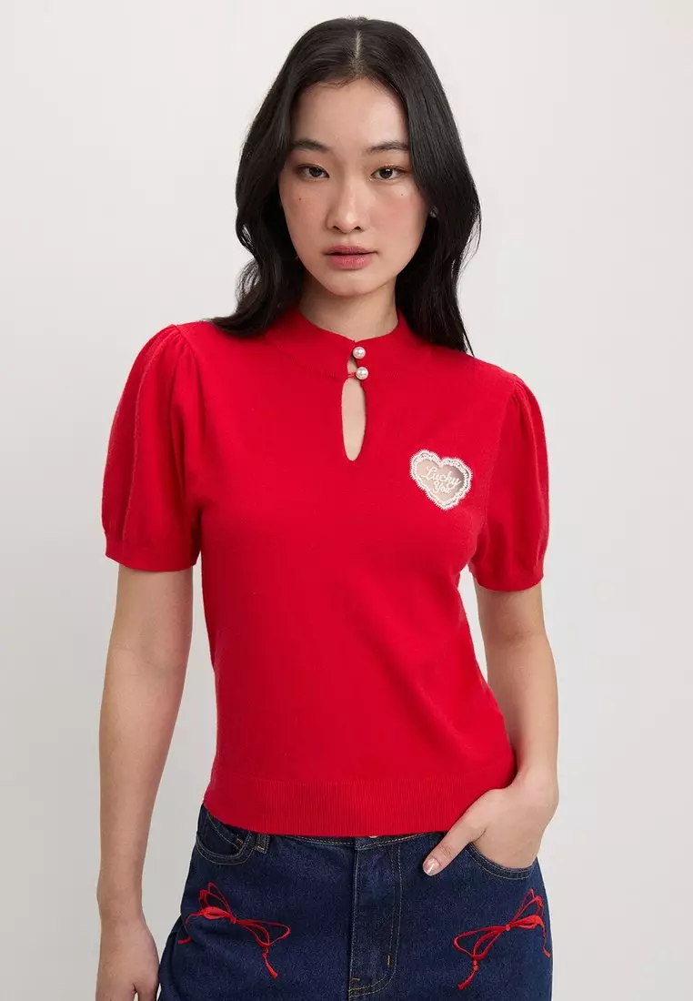 Heart Cut Out Knit Top - Red