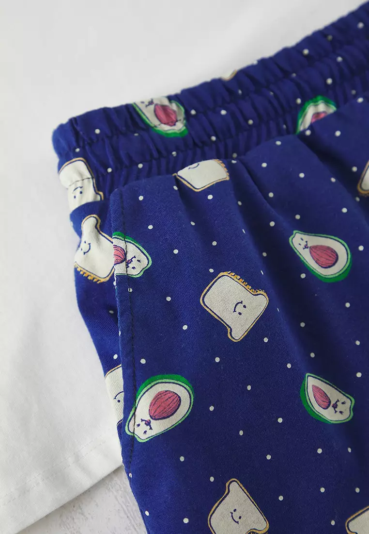 Ecru - Navy Blue Regular Fit Printed Couple/Double Knitted Shorts Men's Pajama Set TMNSS25PT00051