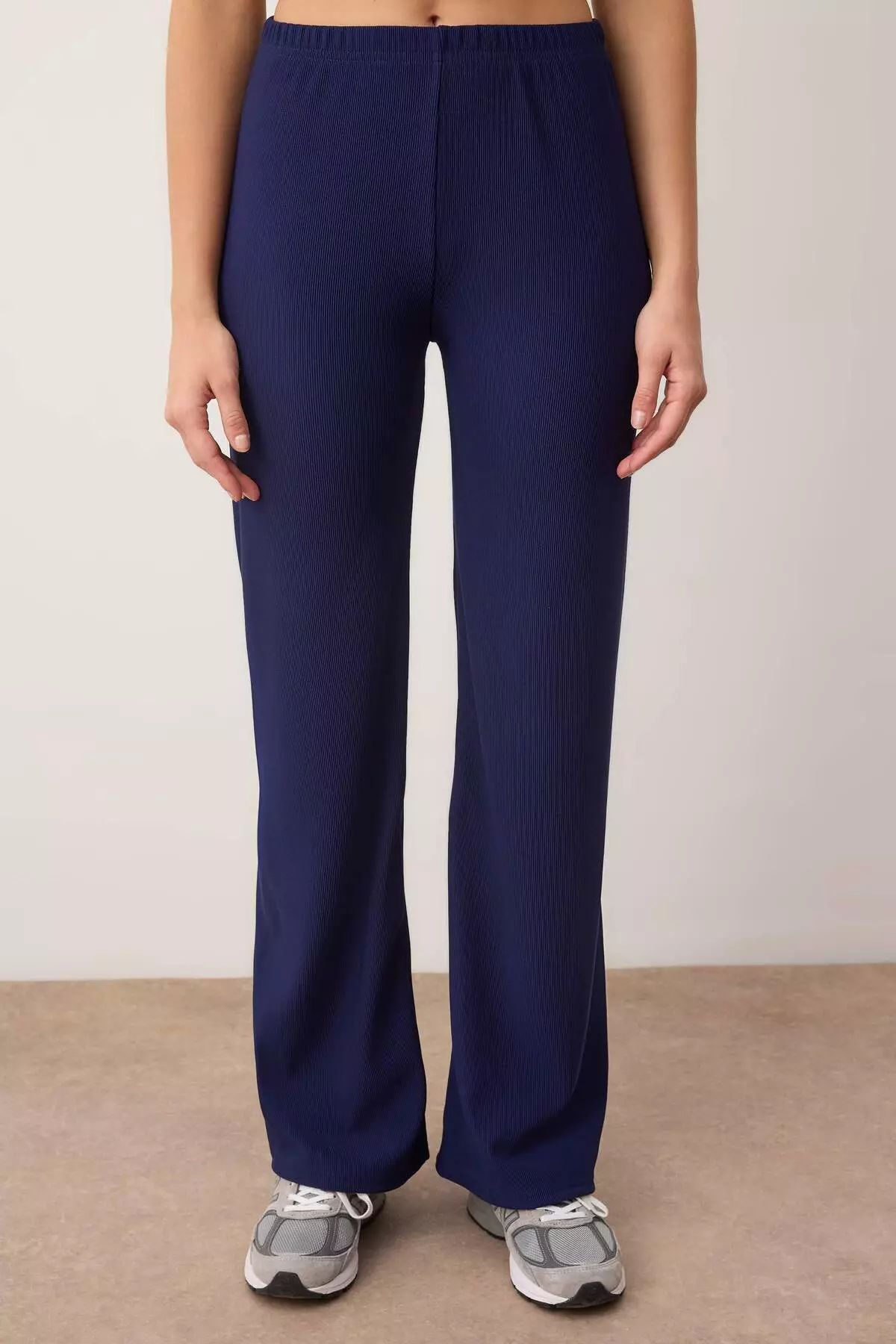 Navy Blue Silver Button Accent Piece Zero Sleeve Top Regular Pants Knitted Bottom - Top Set Twoaw26Au83