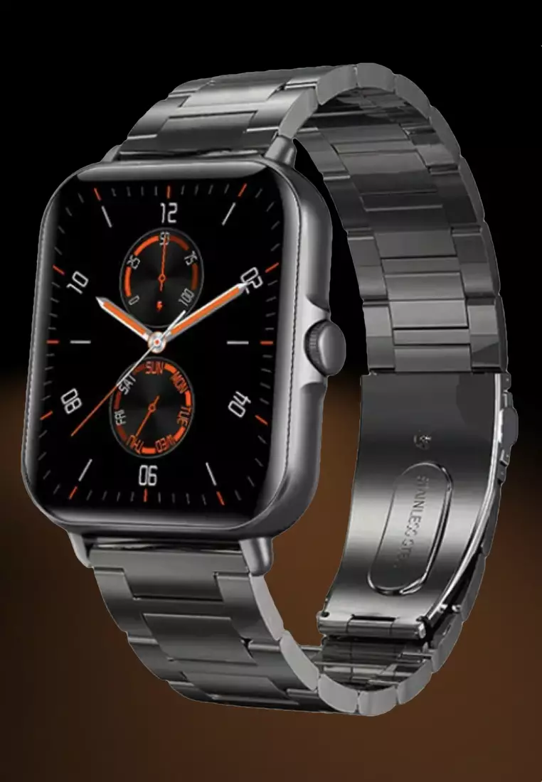 Unisex IOS/Android IP Black SmartWatch with IP Black Steel Bracelet + Free Black Rubber Strap