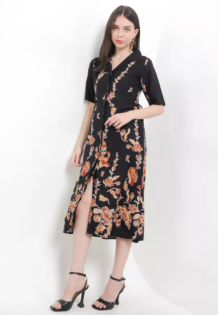 Dress Atasan Batik Wanita Innes Full Kancing Depan Cotton Rayon Black