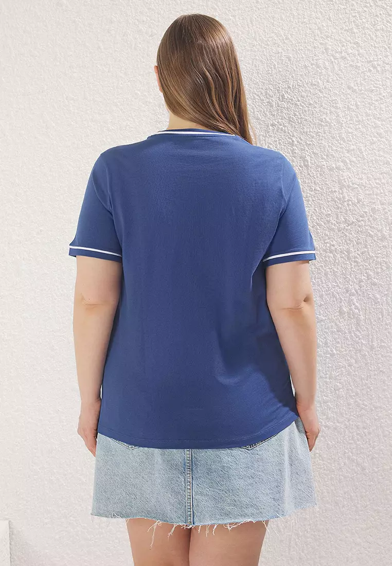 Indigo Crew Neck with Piping Detail Basic Plus Size T-shirt TBBSS25BF00050