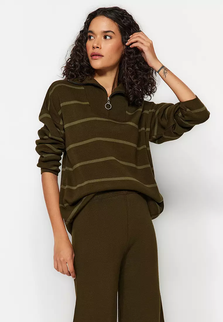 Khaki Wide Fit Zippered Knitwear Bottom-Top Set Twoaw24Au00025